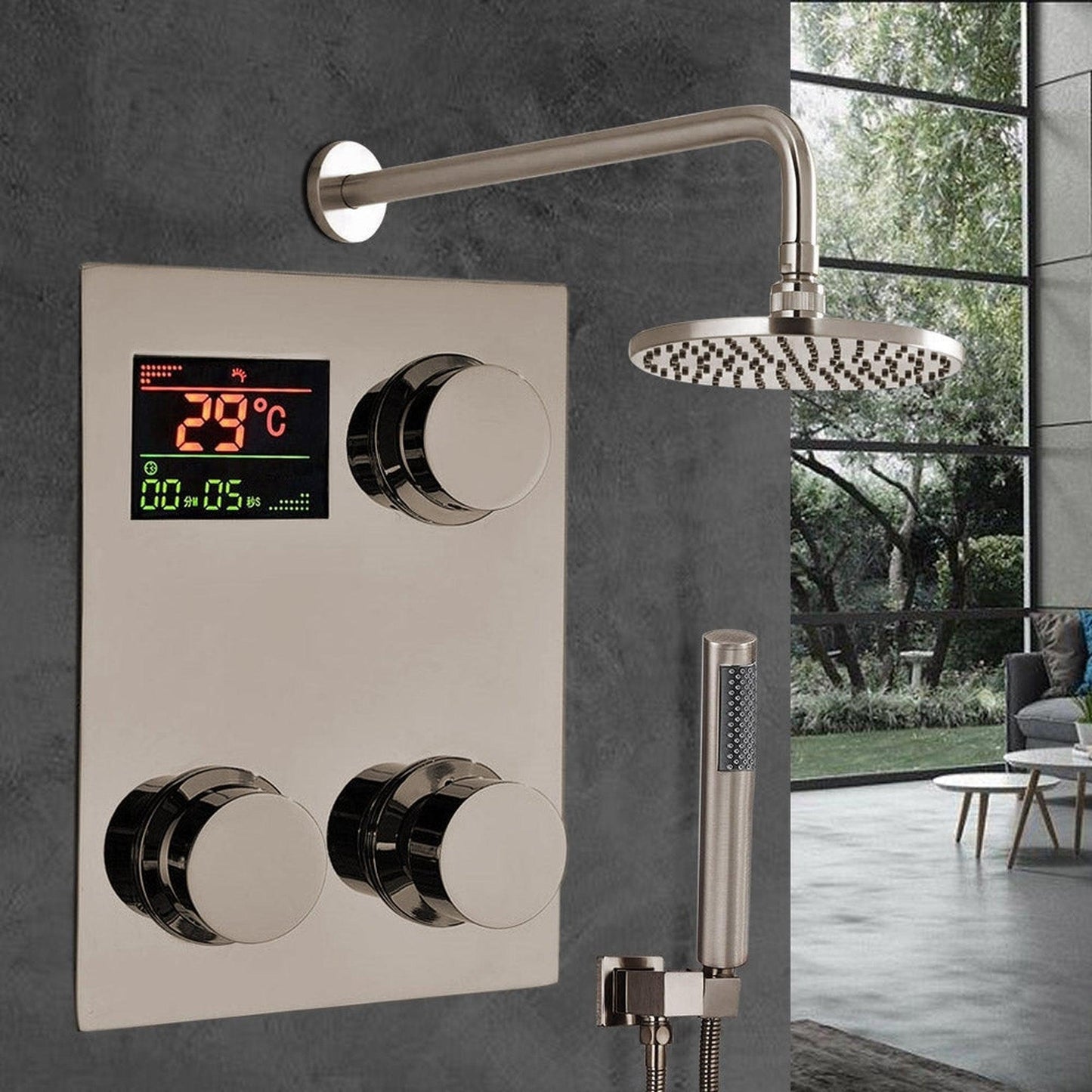 Fontana 8" Brushed Nickel Wall-Mounted Rainfall Digital Mixer Shower Set With Hand Shower