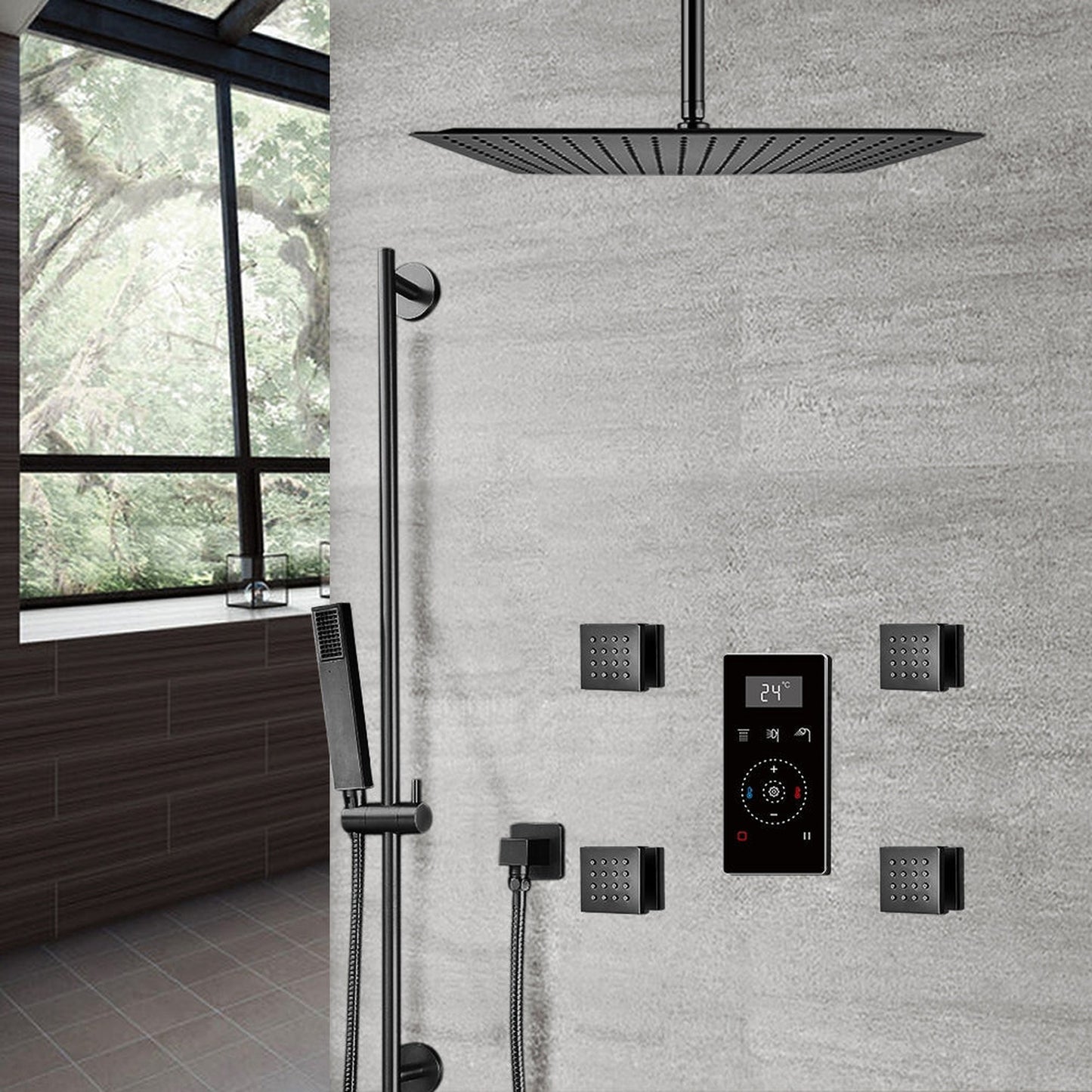 Fontana 8" Matte Black Ceiling Mounted Thermostatic Massage Shower Digital Touch Screen Shower Mixer Display 3-Function Rainfall Shower System With Hand Shower and 4-Jet Body Sprays
