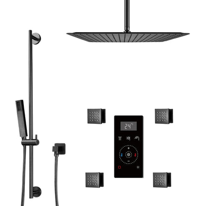 Fontana 8" Matte Black Ceiling Mounted Thermostatic Massage Shower Digital Touch Screen Shower Mixer Display 3-Function Rainfall Shower System With Hand Shower and 4-Jet Body Sprays