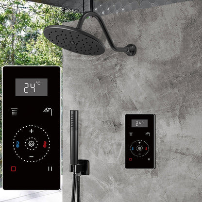 Fontana 8" Matte Black Round Wall-Mounted Automatic Thermostatic Shower With Black Digital Touch Screen Shower Mixer Display 2-Function Rainfall Shower Set With Hand Shower