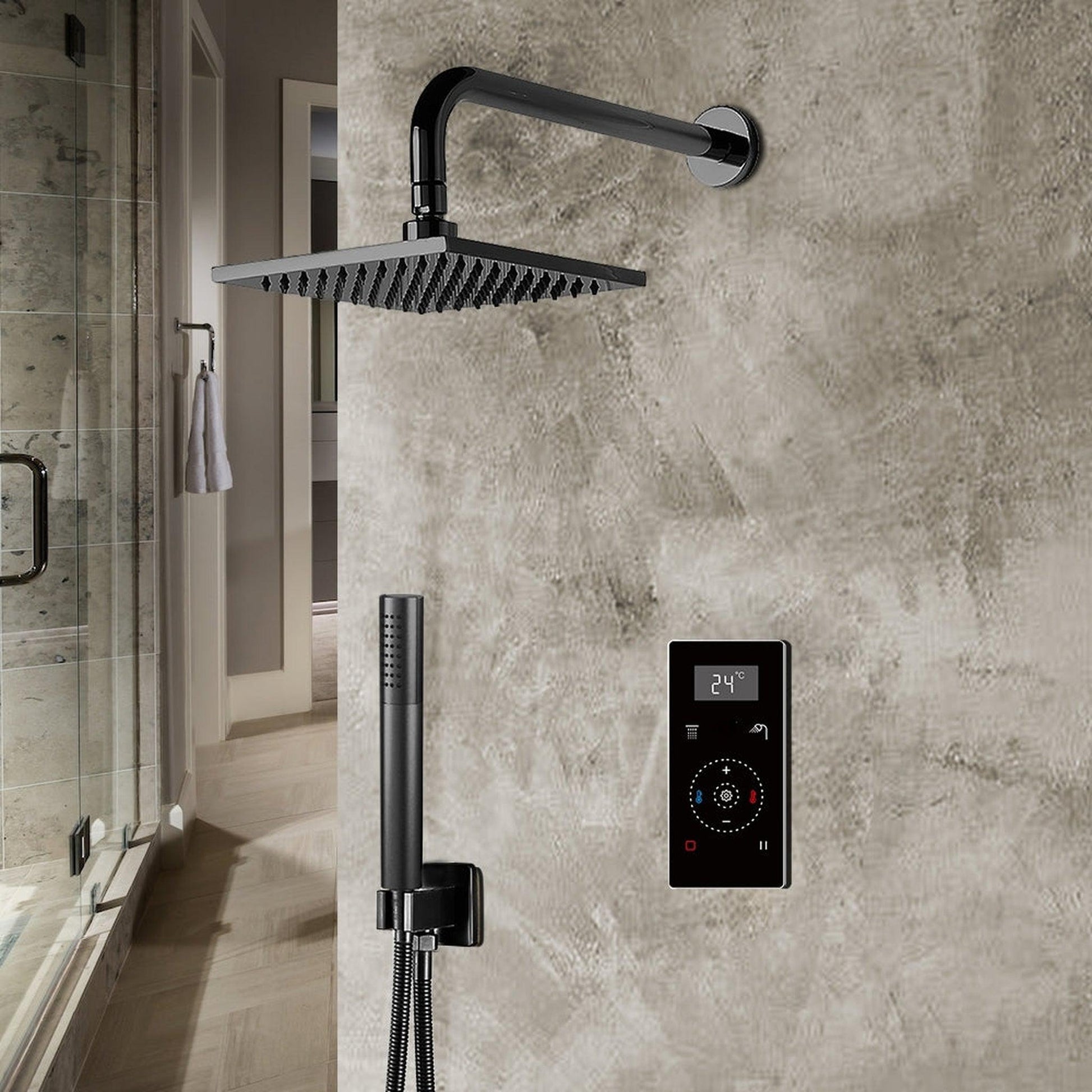 Fontana 8" Matte Black Square Wall-Mounted Automatic Thermostatic Shower With Black Digital Touch Screen Shower Mixer Display 2-Function Rainfall Shower Set With Hand Shower