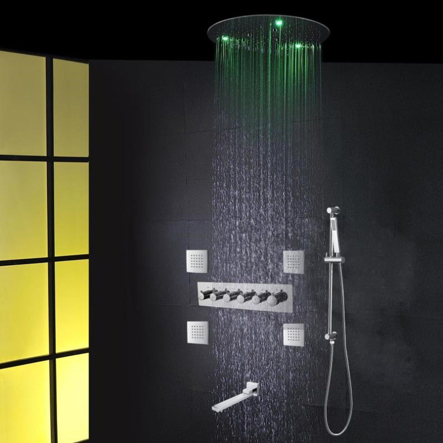 Fontana Acerra Chrome Polished Recessed Ceiling Mounted LED Thermostatic Rainfall Waterfall Shower System With Hand Shower and 4-Jet Body Sprays