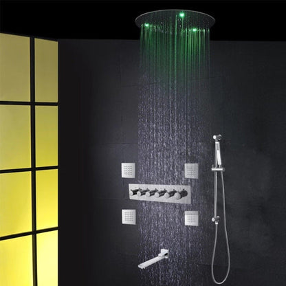 Fontana Acerra Chrome Polished Recessed Ceiling Mounted LED Thermostatic Rainfall Waterfall Shower System With Hand Shower and 4-Jet Body Sprays