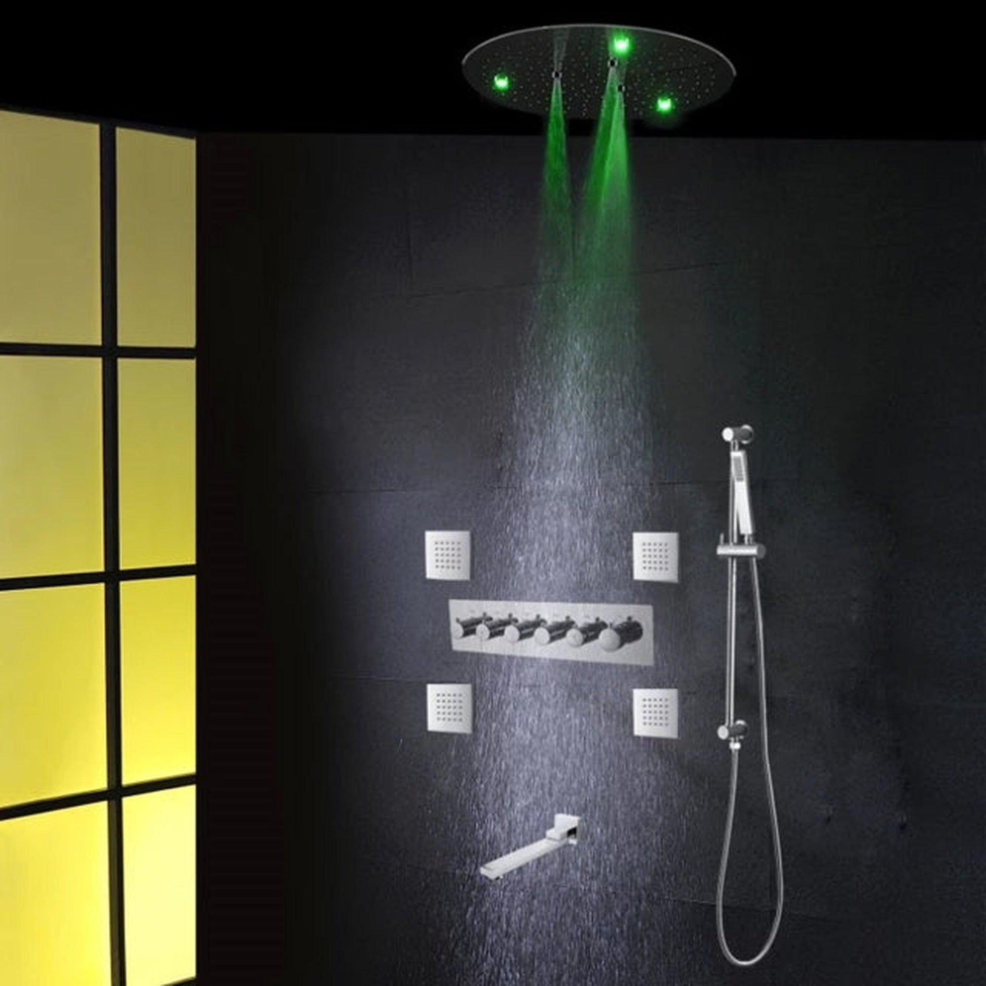 Fontana Acerra Chrome Polished Recessed Ceiling Mounted LED Thermostatic Rainfall Waterfall Shower System With Hand Shower and 4-Jet Body Sprays