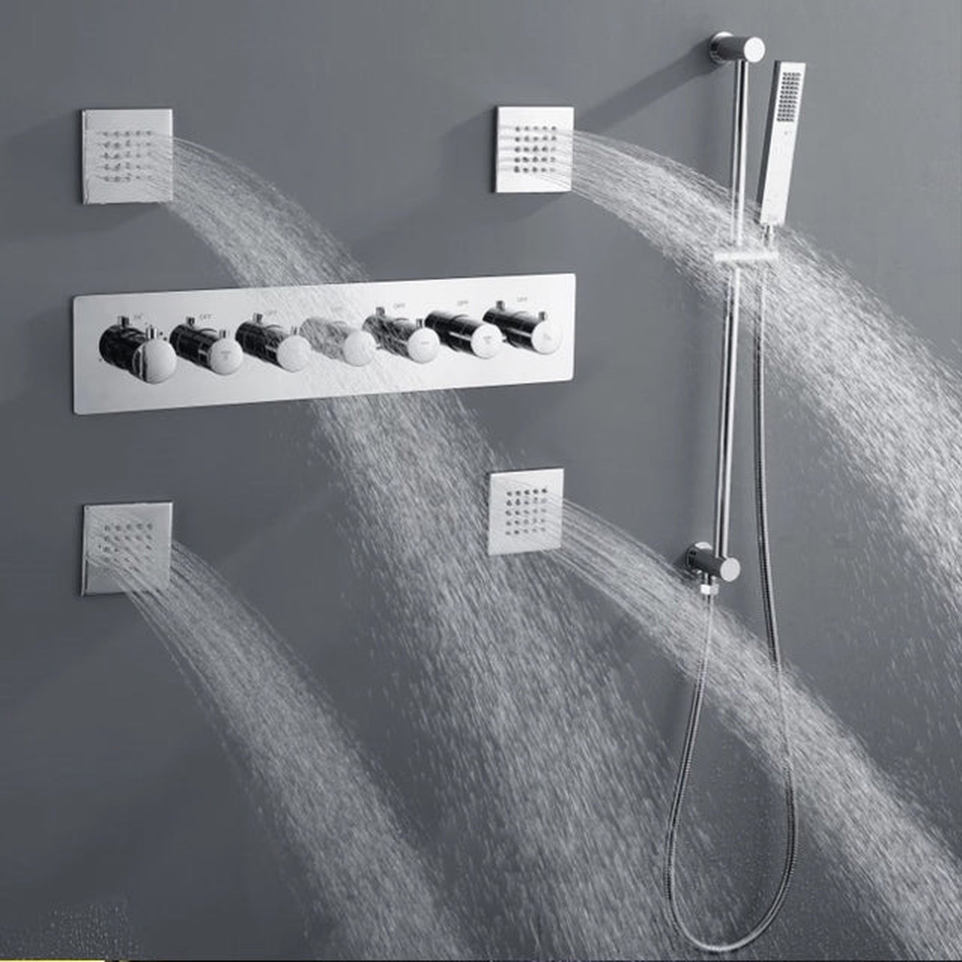 Fontana Acerra Chrome Polished Recessed Ceiling Mounted LED Thermostatic Rainfall Waterfall Shower System With Hand Shower and 4-Jet Body Sprays