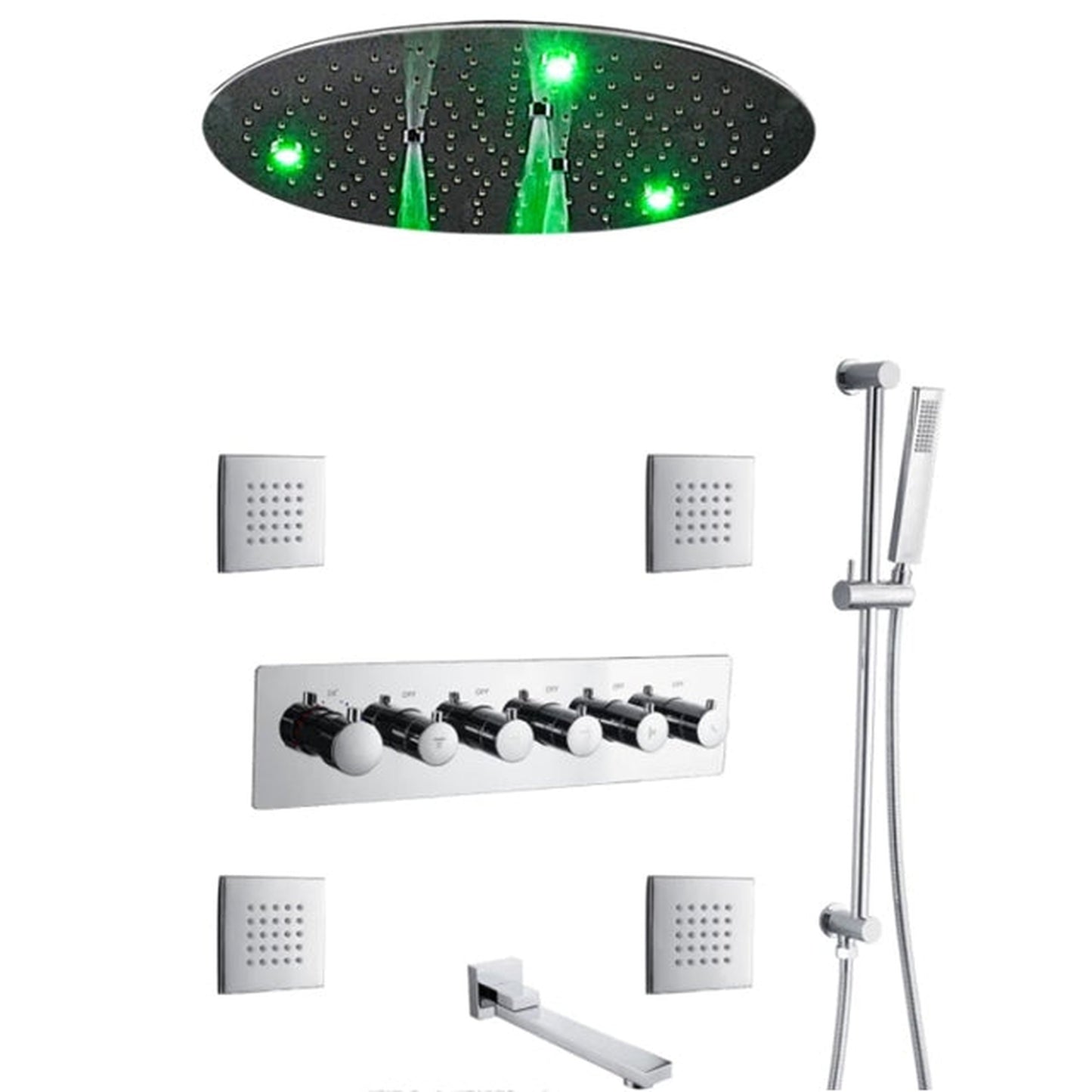 Fontana Acerra Chrome Polished Recessed Ceiling Mounted LED Thermostatic Rainfall Waterfall Shower System With Hand Shower and 4-Jet Body Sprays