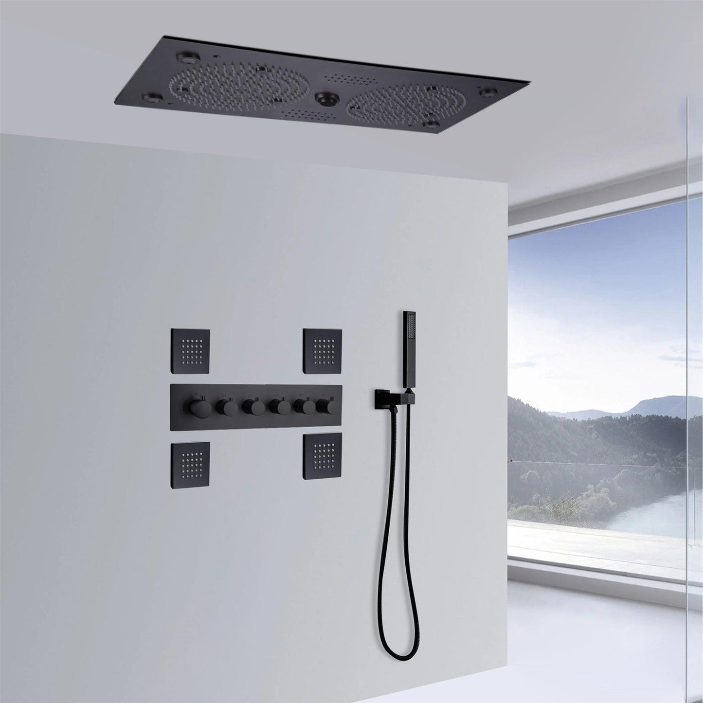 Fontana Ancona Matte Black Recessed Ceiling Mounted Thermostatic LED Rainfall Musical Shower System With 4-Jet Body Sprays and Hand Shower