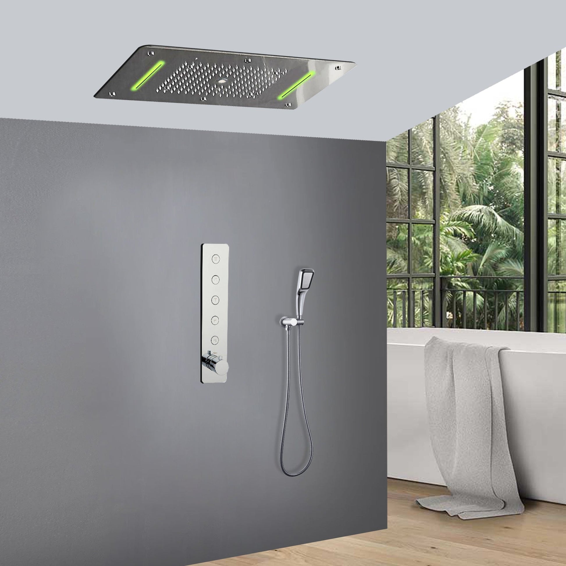 Fontana Andria Chrome Recessed Ceiling Mounted Thermostatic LED Rainfall Waterfall Mist Shower System With Hand Shower and Vertical Valve