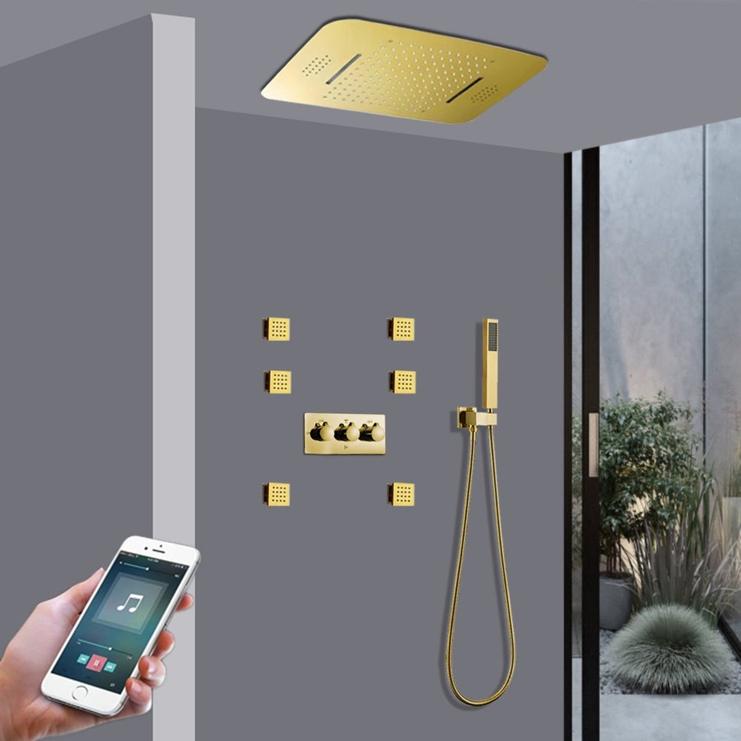 Fontana Arezzo Gold Recessed Ceiling Mounted Thermostatic LED Musical Phone Controlled Rainfall Waterfall Shower System With 6-Jet Body Sprays and Hand Shower