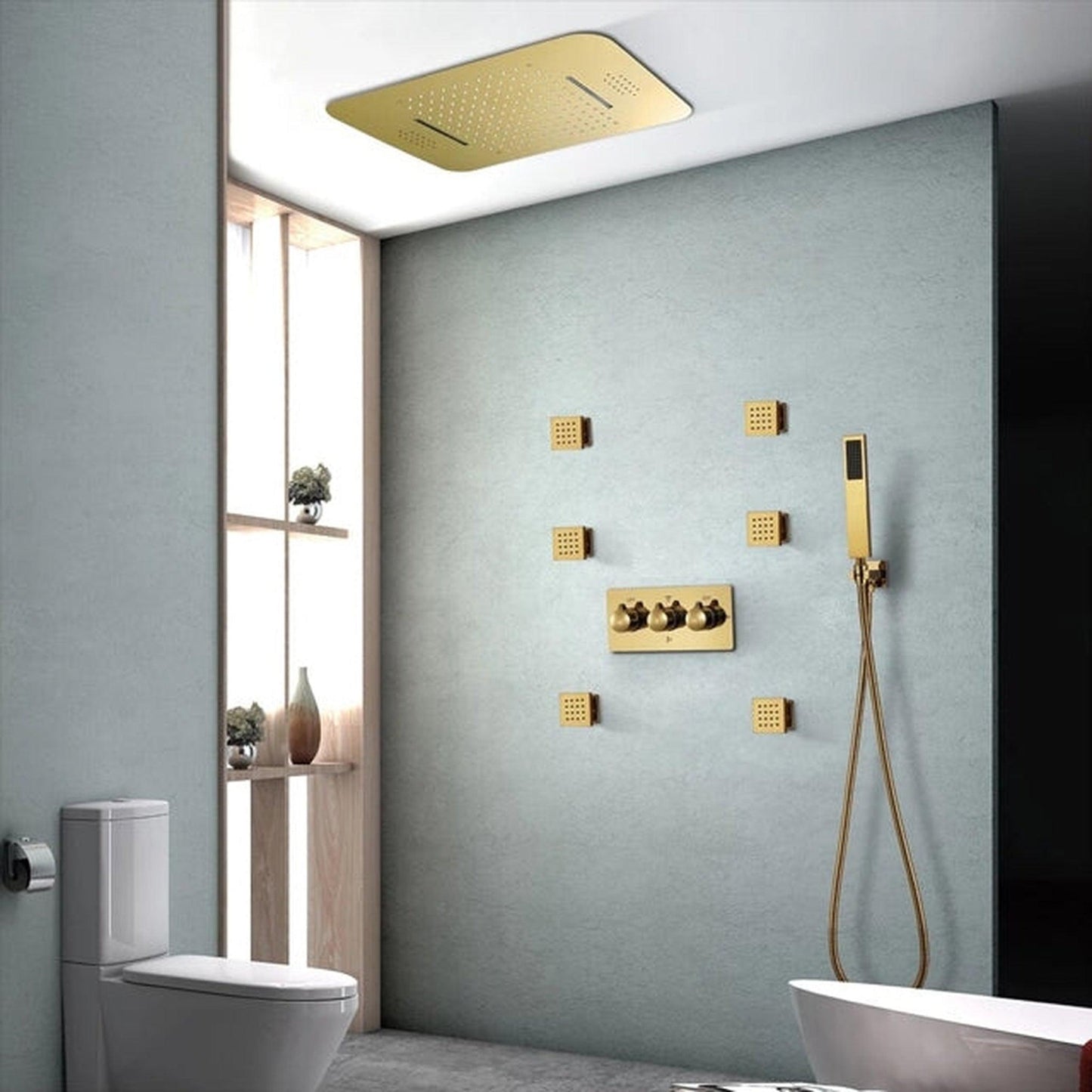 Fontana Arezzo Gold Recessed Ceiling Mounted Thermostatic LED Musical Phone Controlled Rainfall Waterfall Shower System With 6-Jet Body Sprays and Hand Shower