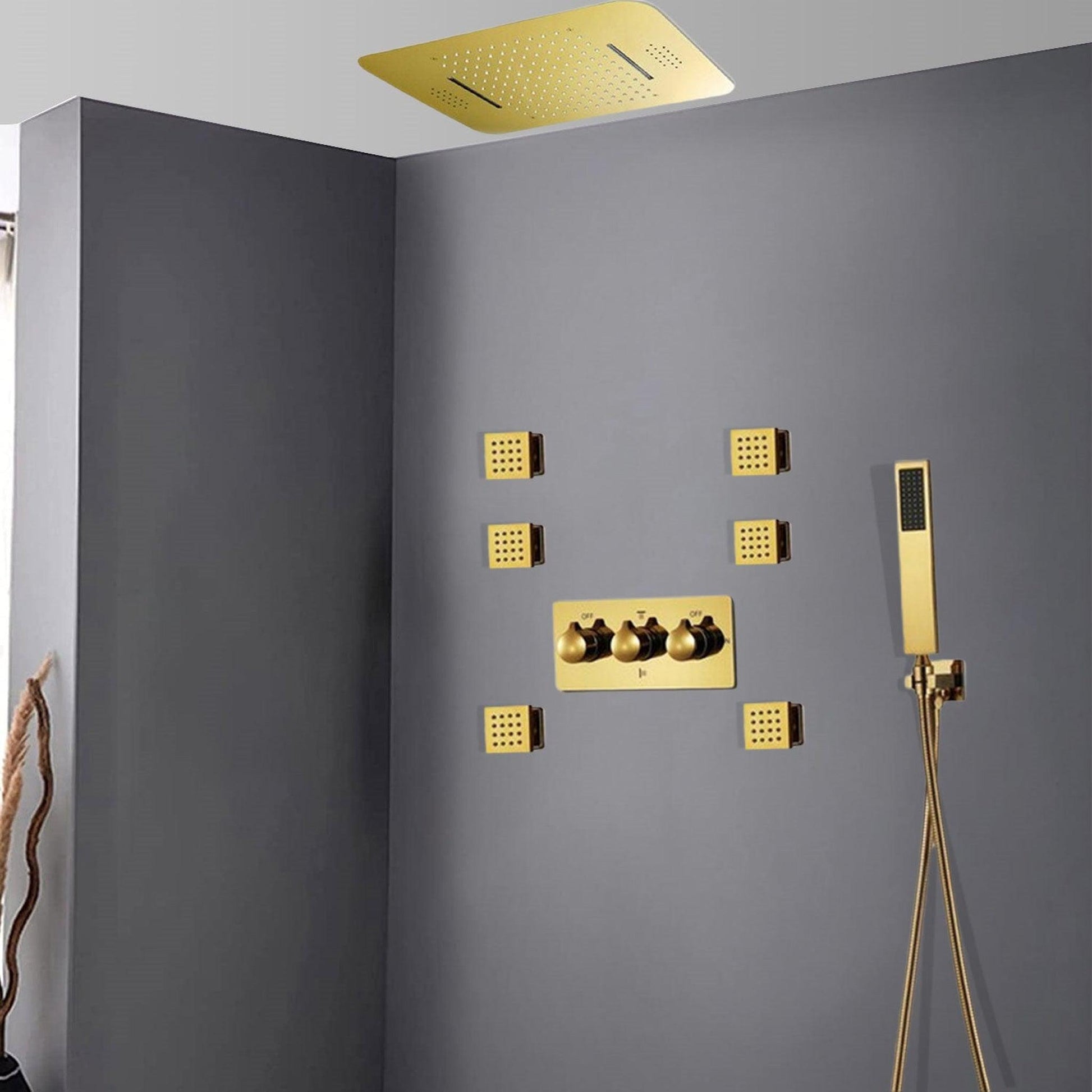 Fontana Arezzo Gold Recessed Ceiling Mounted Thermostatic LED Musical Phone Controlled Rainfall Waterfall Shower System With 6-Jet Body Sprays and Hand Shower