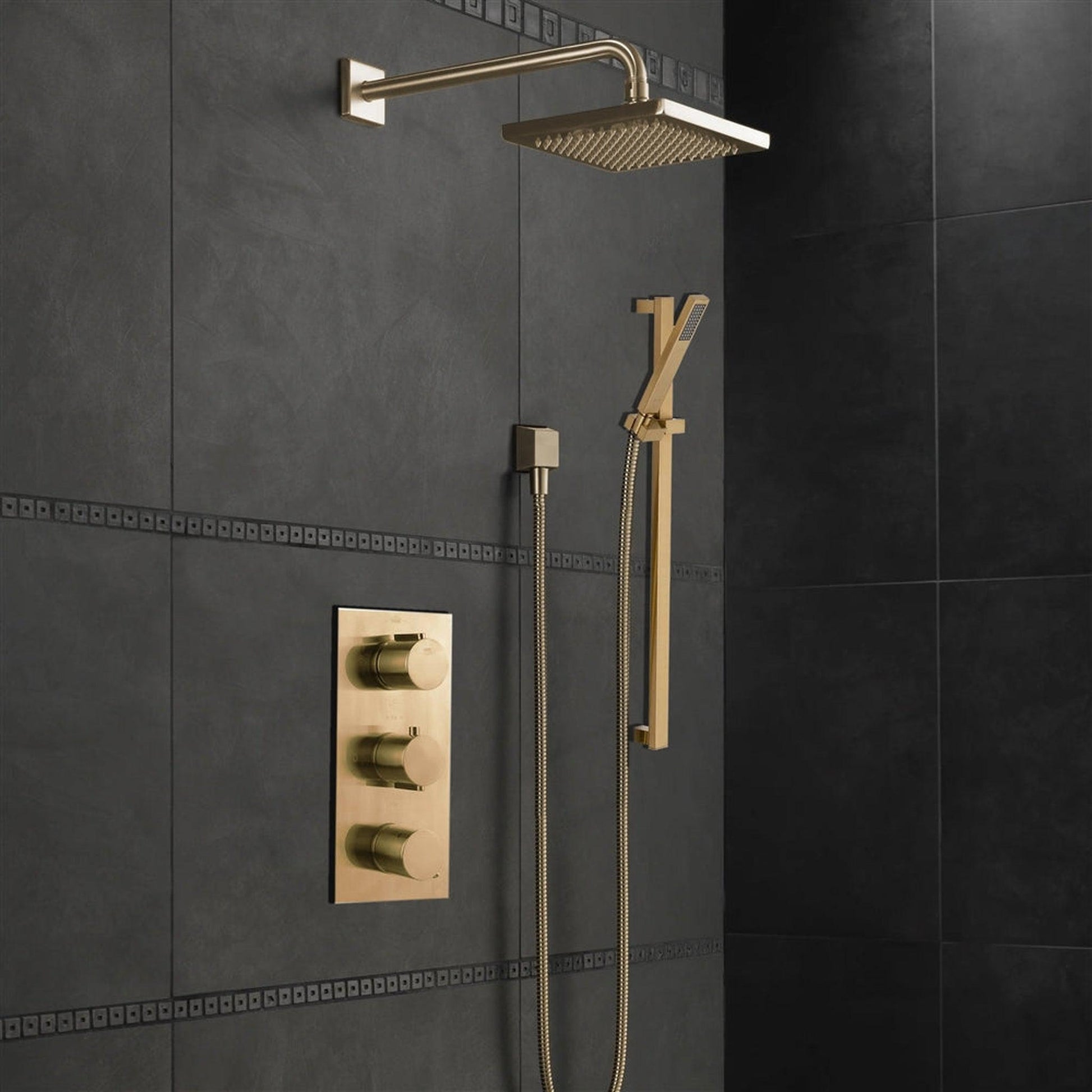 Fontana Atlanta Brushed Gold Square Wall-Mounted Rainfall 3 Way Mixer Shower System With Hand Shower
