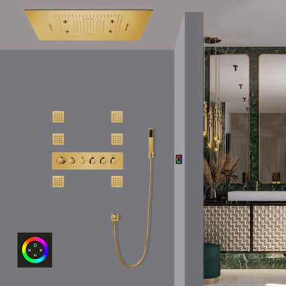 Fontana Avellino Gold Recessed Ceiling Mounted Thermostatic LED Remote Controlled Waterfall Rainfall Mist Shower System With 6-Jet Body Sprays and Hand Shower