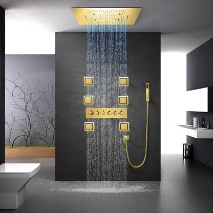 Fontana Avellino Gold Recessed Ceiling Mounted Thermostatic LED Remote Controlled Waterfall Rainfall Mist Shower System With 6-Jet Body Sprays and Hand Shower