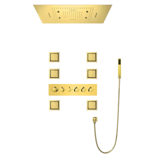 Fontana Avellino Gold Recessed Ceiling Mounted Thermostatic LED Remote Controlled Waterfall Rainfall Mist Shower System With 6-Jet Body Sprays and Hand Shower