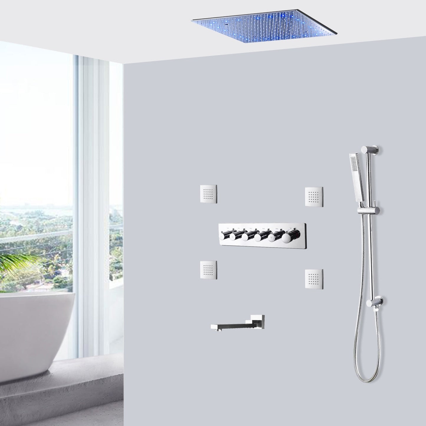 Fontana Aversa Chrome Polished Ceiling Mounted LED Thermostatic Rainfall Shower System With Hand Shower and 4-Jet Body Sprays