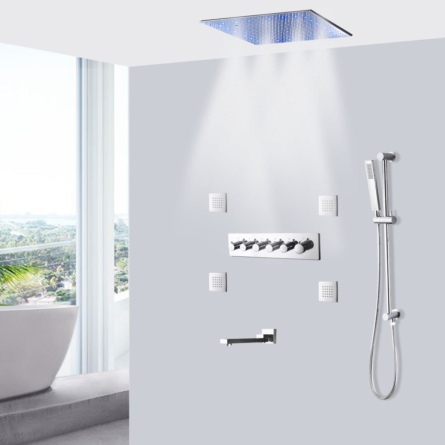 Fontana Aversa Chrome Polished Ceiling Mounted LED Thermostatic Rainfall Shower System With Hand Shower and 4-Jet Body Sprays