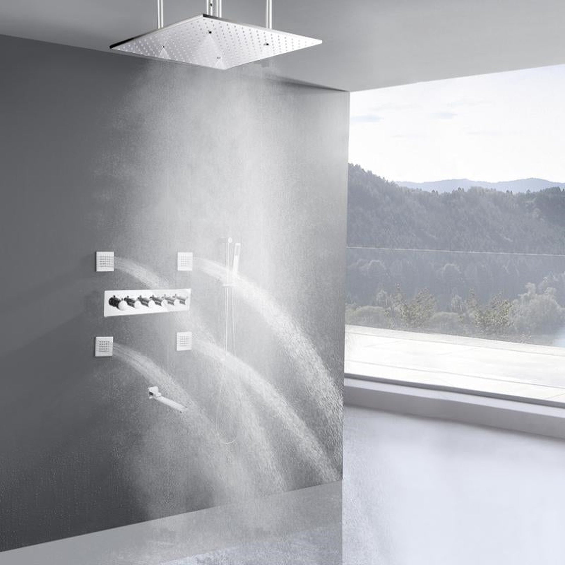 Fontana Aversa Chrome Polished Ceiling Mounted LED Thermostatic Rainfall Shower System With Hand Shower and 4-Jet Body Sprays