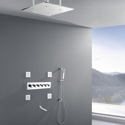 Fontana Aversa Chrome Polished Ceiling Mounted LED Thermostatic Rainfall Shower System With Hand Shower and 4-Jet Body Sprays