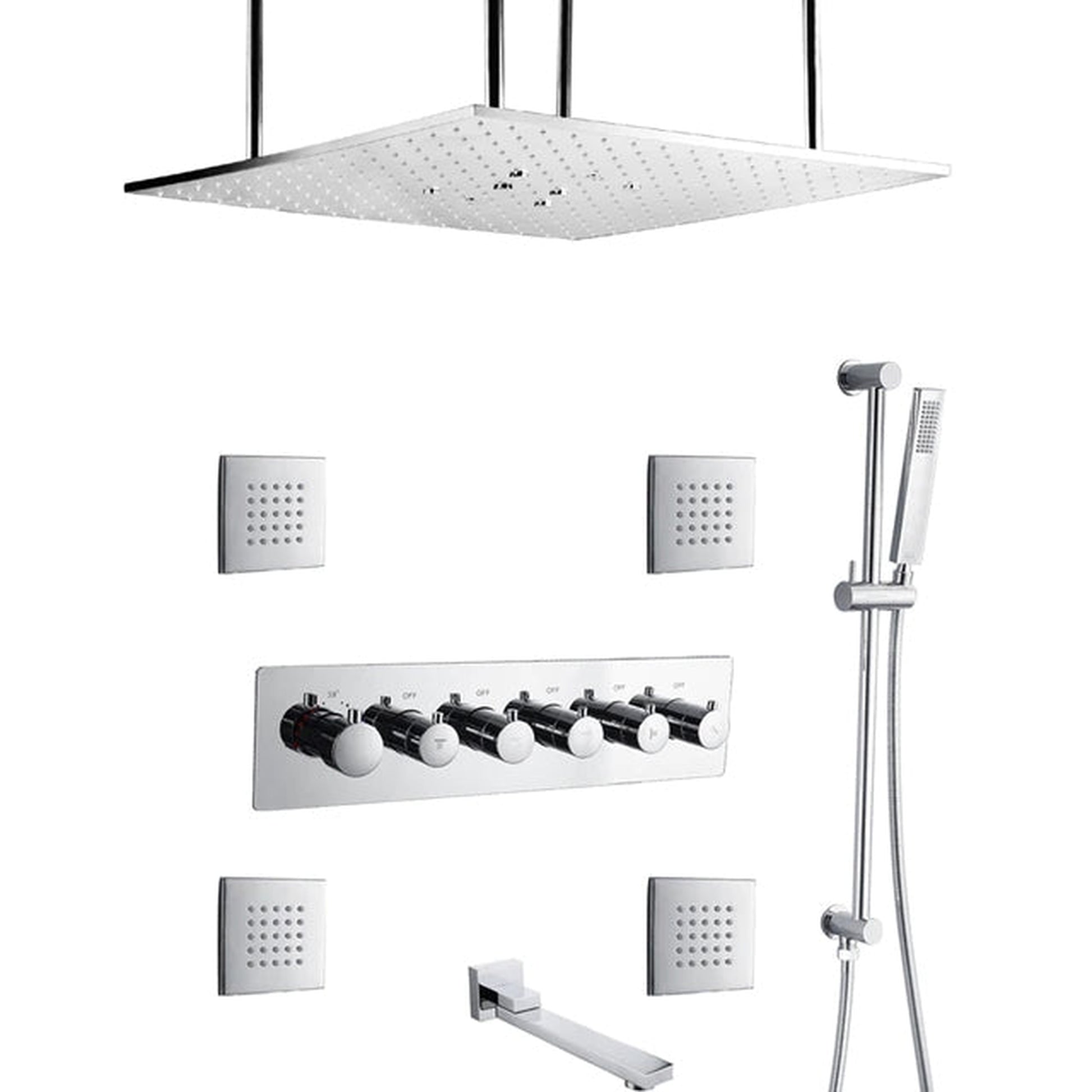 Fontana Aversa Chrome Polished Ceiling Mounted LED Thermostatic Rainfall Shower System With Hand Shower and 4-Jet Body Sprays