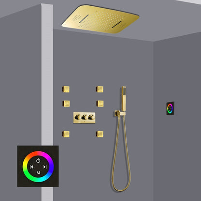 Fontana Barletta Gold Ceiling Mounted Thermostatic Touch Panel Controlled LED Musical Rainfall Waterfall Shower System With 6-Jet Body Sprays and Hand Shower