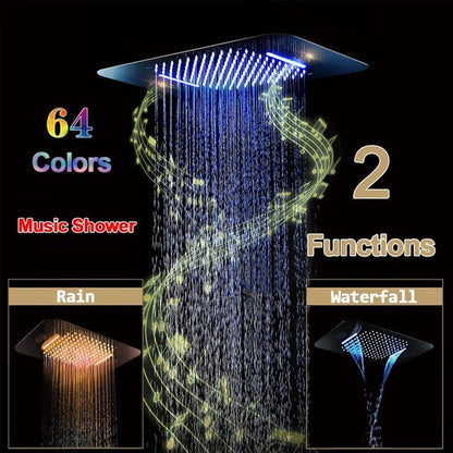 Fontana Barletta Gold Ceiling Mounted Thermostatic Touch Panel Controlled LED Musical Rainfall Waterfall Shower System With 6-Jet Body Sprays and Hand Shower