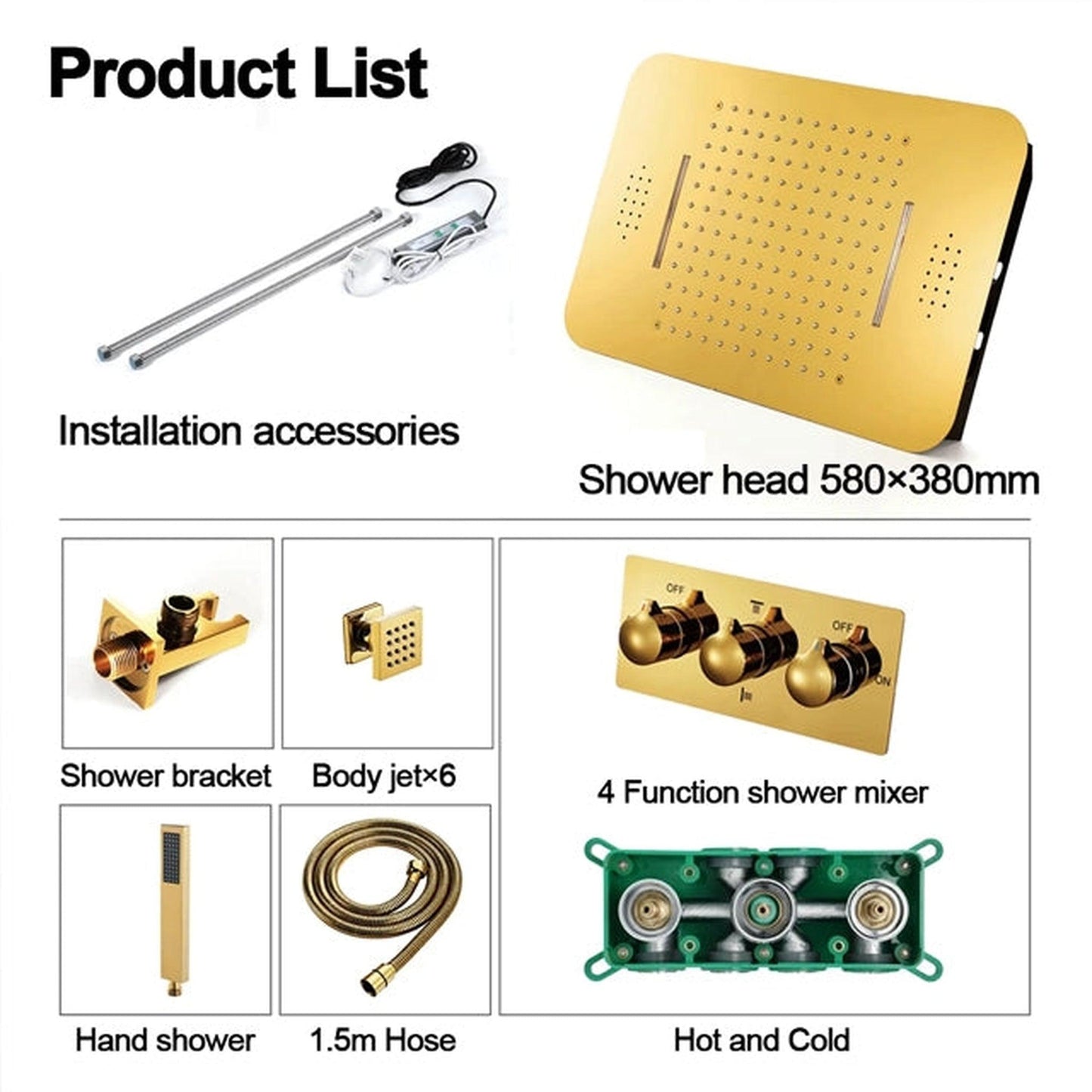 Fontana Barletta Gold Ceiling Mounted Thermostatic Touch Panel Controlled LED Musical Rainfall Waterfall Shower System With 6-Jet Body Sprays and Hand Shower