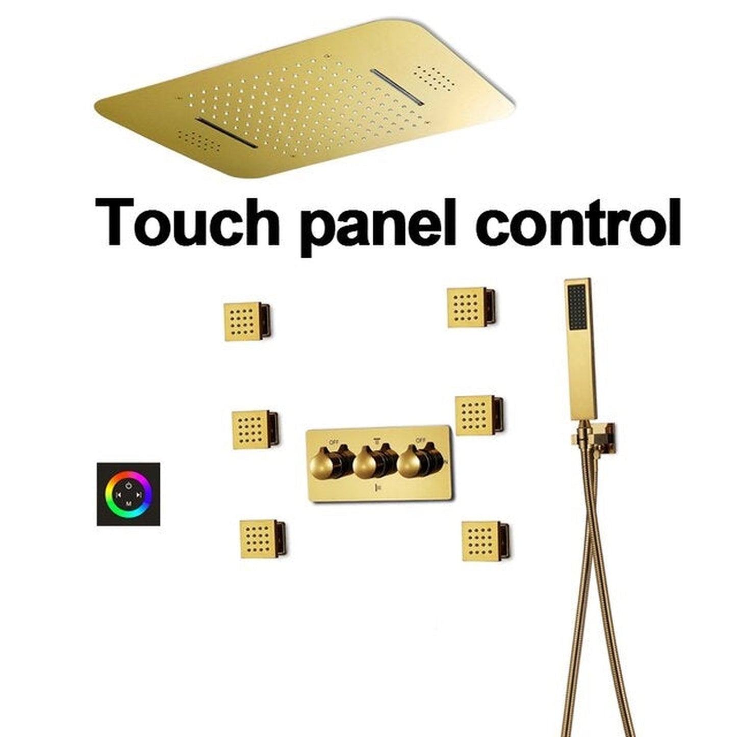 Fontana Barletta Gold Ceiling Mounted Thermostatic Touch Panel Controlled LED Musical Rainfall Waterfall Shower System With 6-Jet Body Sprays and Hand Shower