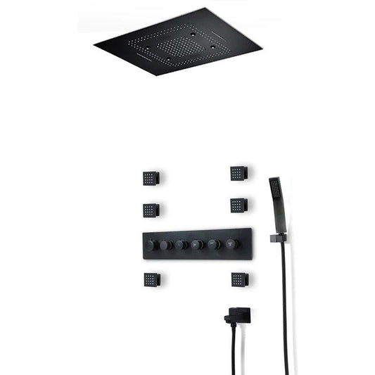 Fontana Bavaria Matte Black Ceiling Mounted Phone Controlled Thermostatic Rainfall Waterfall Shower Head Set With Massage Body Jets and Hand Sprayer
