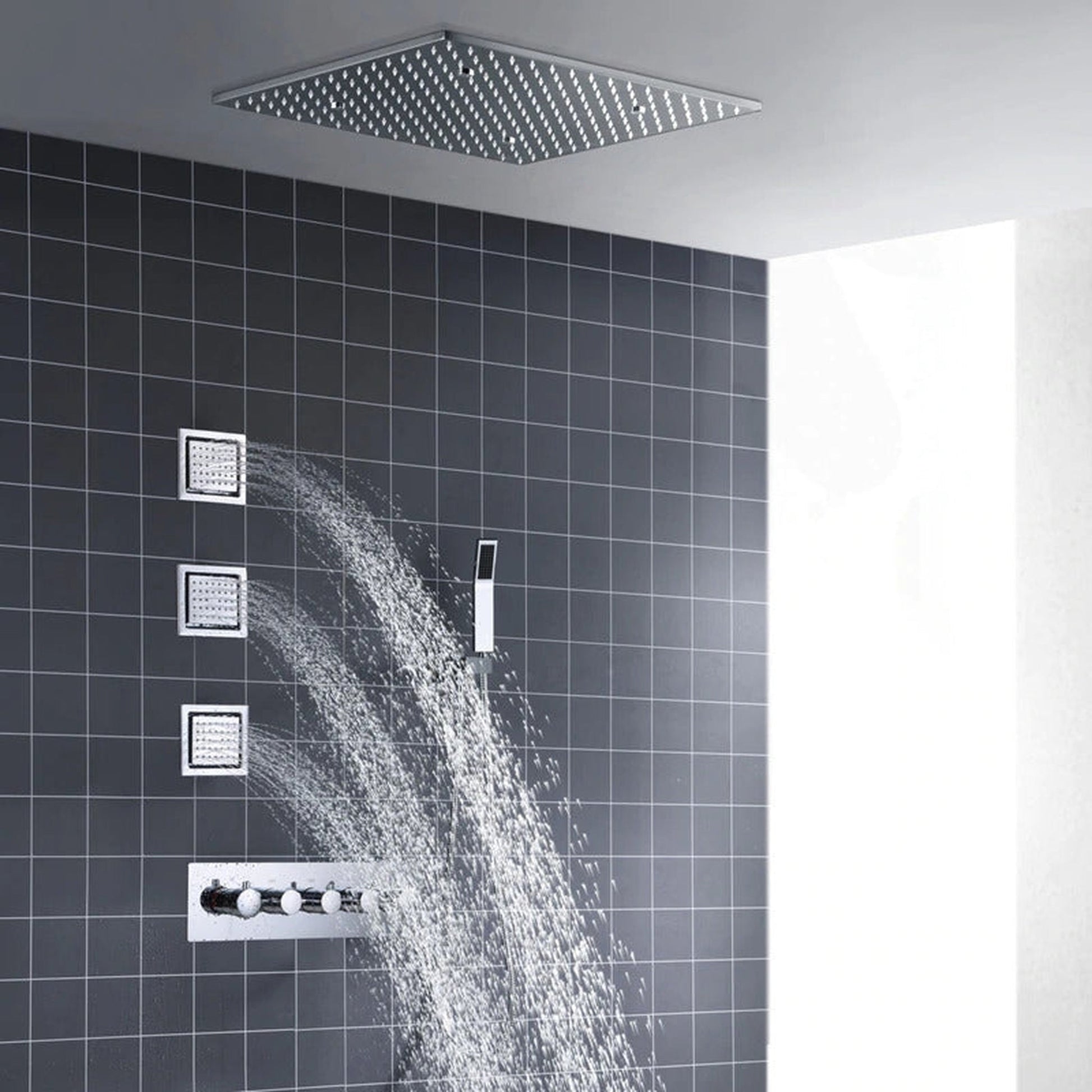 Fontana Bavaria Polished Chrome Ceiling Mounted Rainfall Shower System With 3-Body Jets and Hand Shower