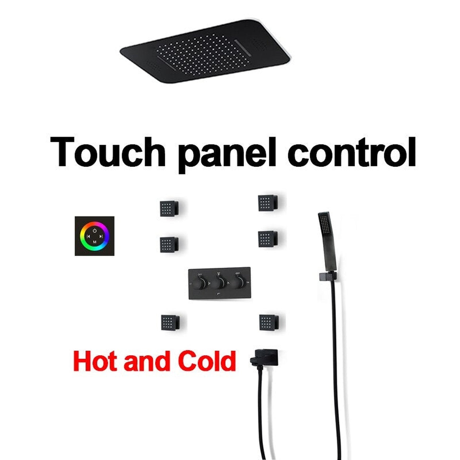 Fontana Bollnäs Matte Black Ceiling Mounted Touch Panel Controlled Music Smart LED Rainfall Waterfall Shower System With Massage Jets and Hand Shower