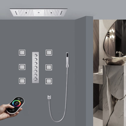 Fontana Bologna Chrome Recessed Ceiling Mounted Rainfall Waterfall Mist Remote Controlled Luxurious Thermostatic LED Musical Shower System With Hand Shower and 6-Jet Body Sprays