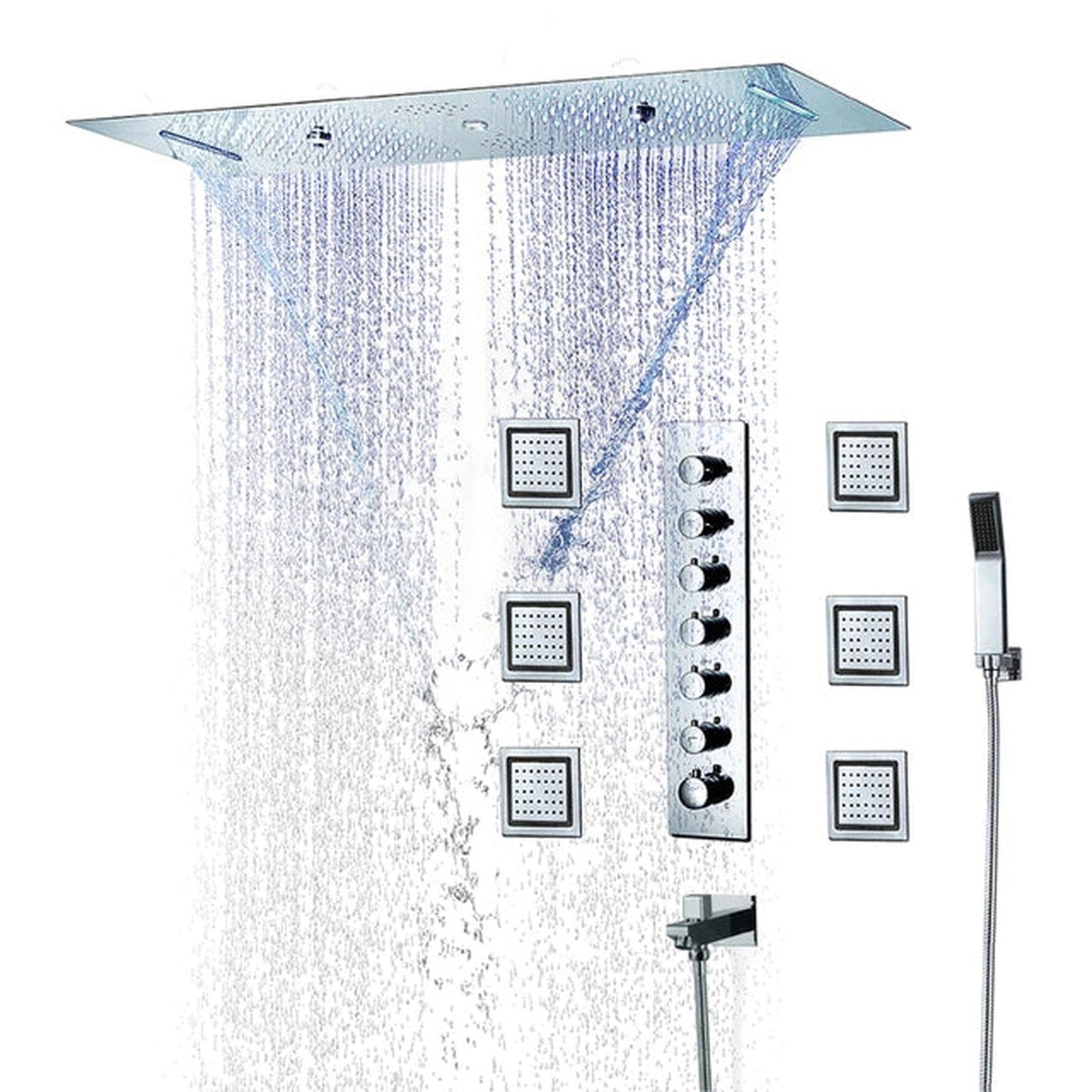 Fontana Bologna Chrome Recessed Ceiling Mounted Rainfall Waterfall Mist Remote Controlled Luxurious Thermostatic LED Musical Shower System With Hand Shower and 6-Jet Body Sprays