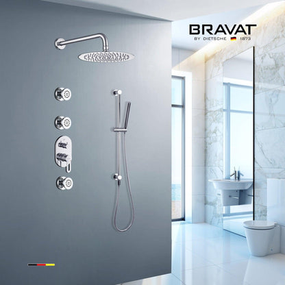 Fontana Bravat 10" Chrome Wall Mounted Thermostatic Rainfall Shower System With 3-Jet Body Sprays and Hand Shower