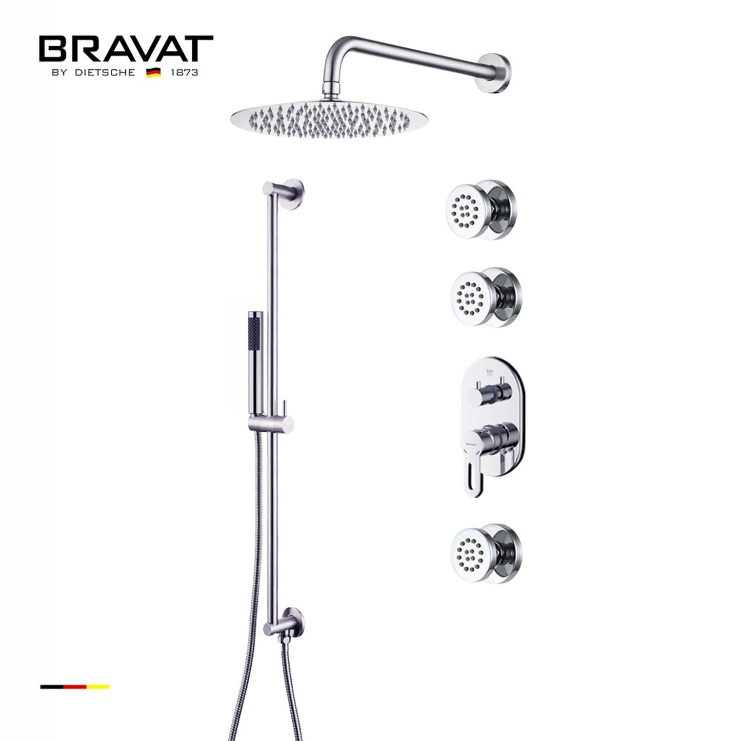 Fontana Bravat 10" Chrome Wall Mounted Thermostatic Rainfall Shower System With 3-Jet Body Sprays and Hand Shower