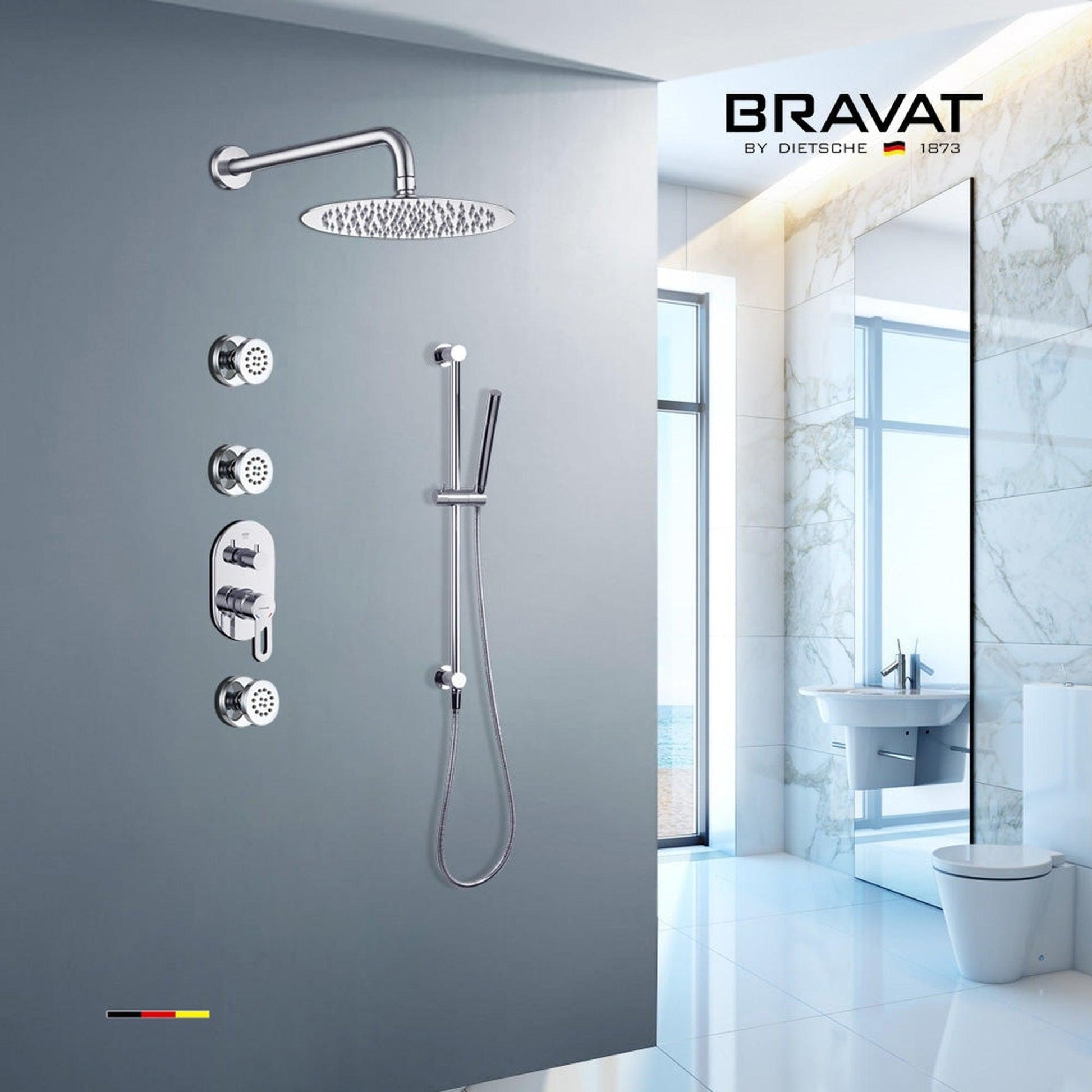 Fontana Bravat 12" Chrome Wall Mounted Thermostatic Rainfall Shower System With 3-Jet Body Sprays and Hand Shower