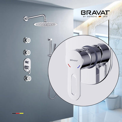 Fontana Bravat 12" Chrome Wall Mounted Thermostatic Rainfall Shower System With 3-Jet Body Sprays and Hand Shower