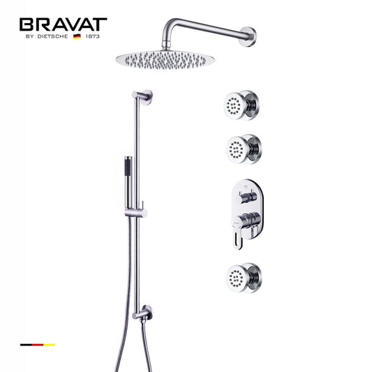 Fontana Bravat 12" Chrome Wall Mounted Thermostatic Rainfall Shower System With 3-Jet Body Sprays and Hand Shower