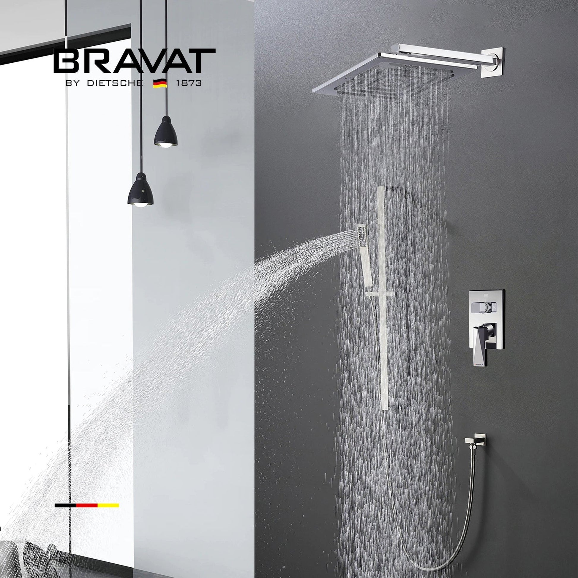 Bravat Matte Black Wall Mounted Square Shower Set With Valve Mixer 3-Way  Concealed