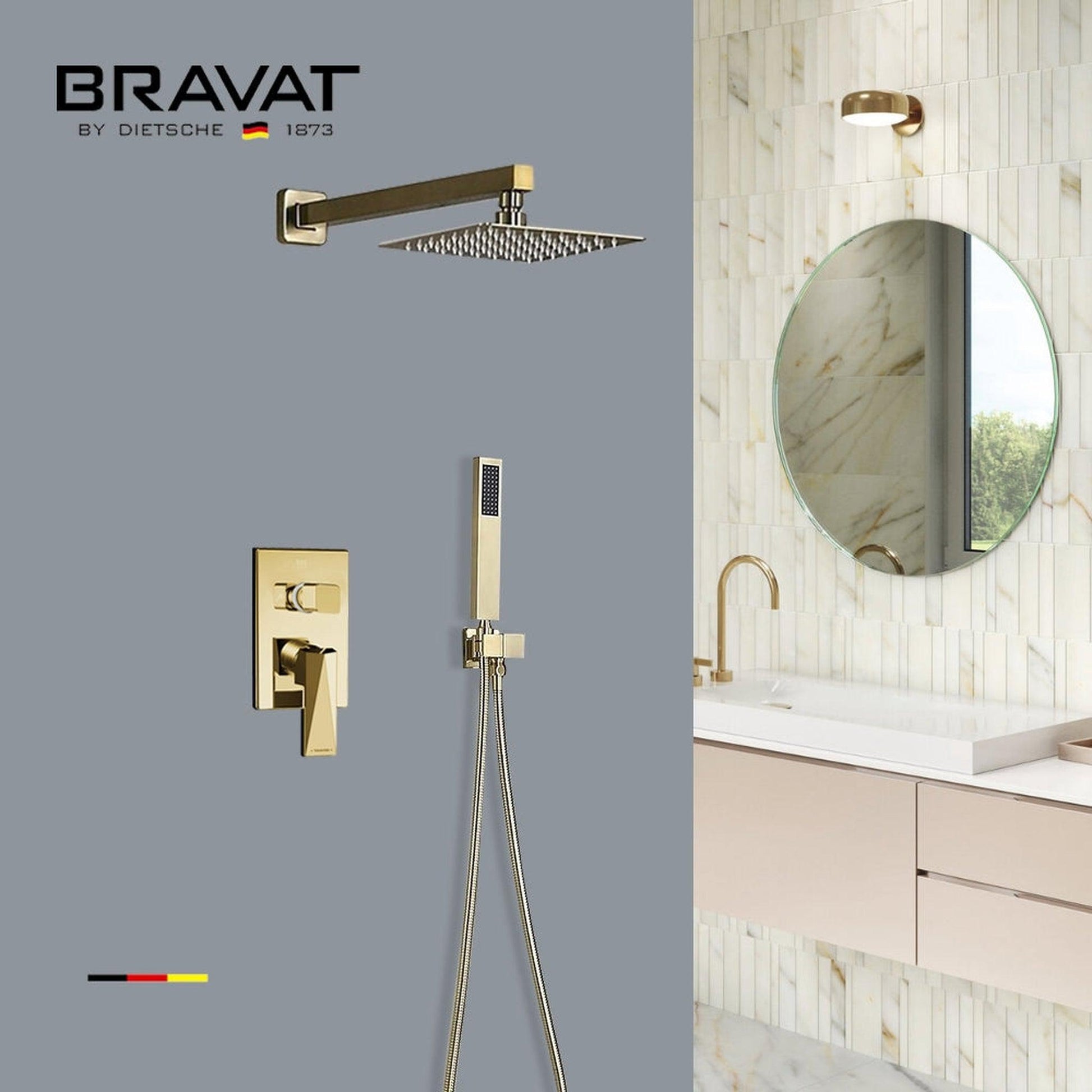 Fontana Bravat FS-9564 Brushed Gold Wall-Mounted Rainfall Mixer Shower Set