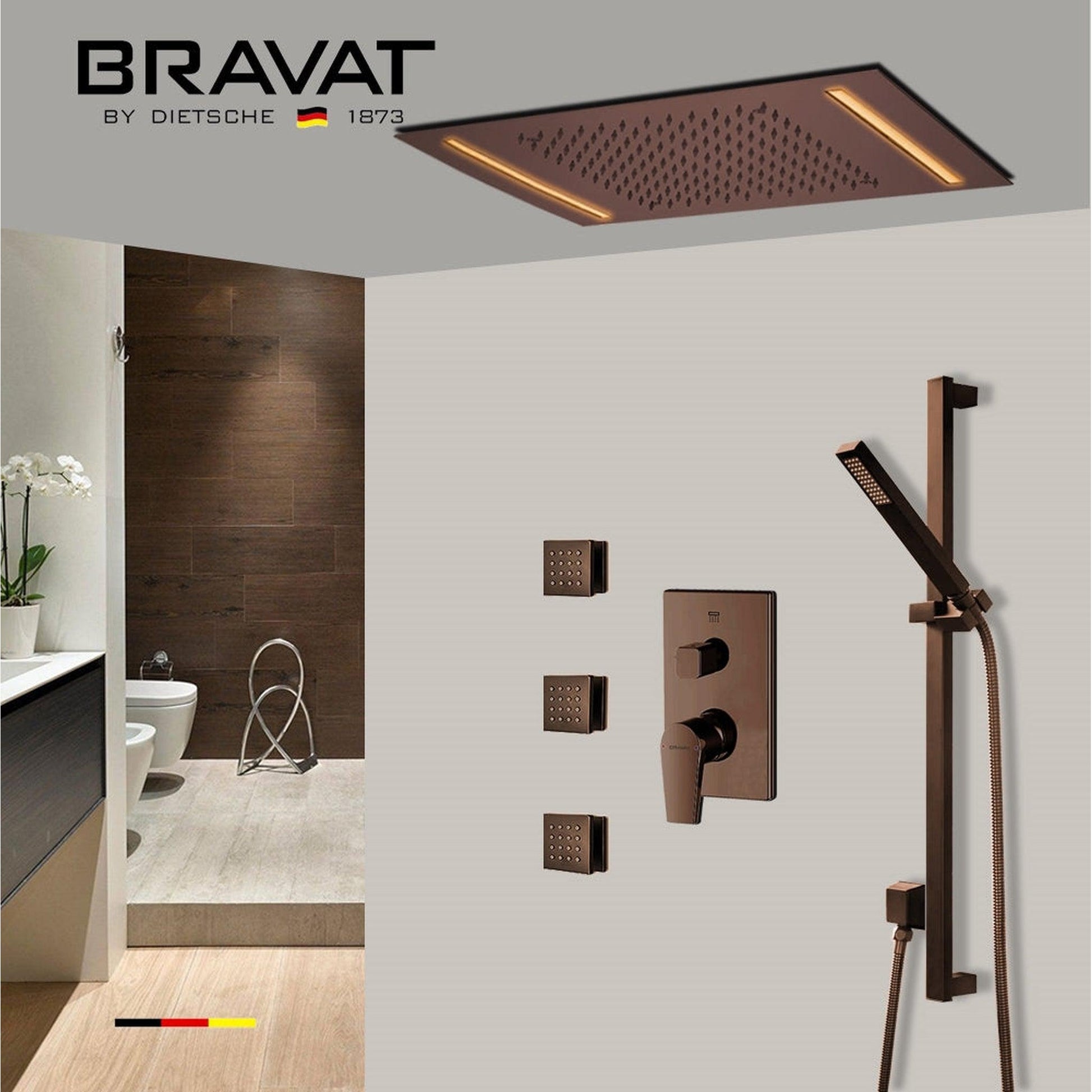 Fontana Bravat Light Oil Rubbed Bronze Ceiling Mounted Remote Controlled LED Rainfall Shower System With Hand Shower and 3-Jet Body Sprays