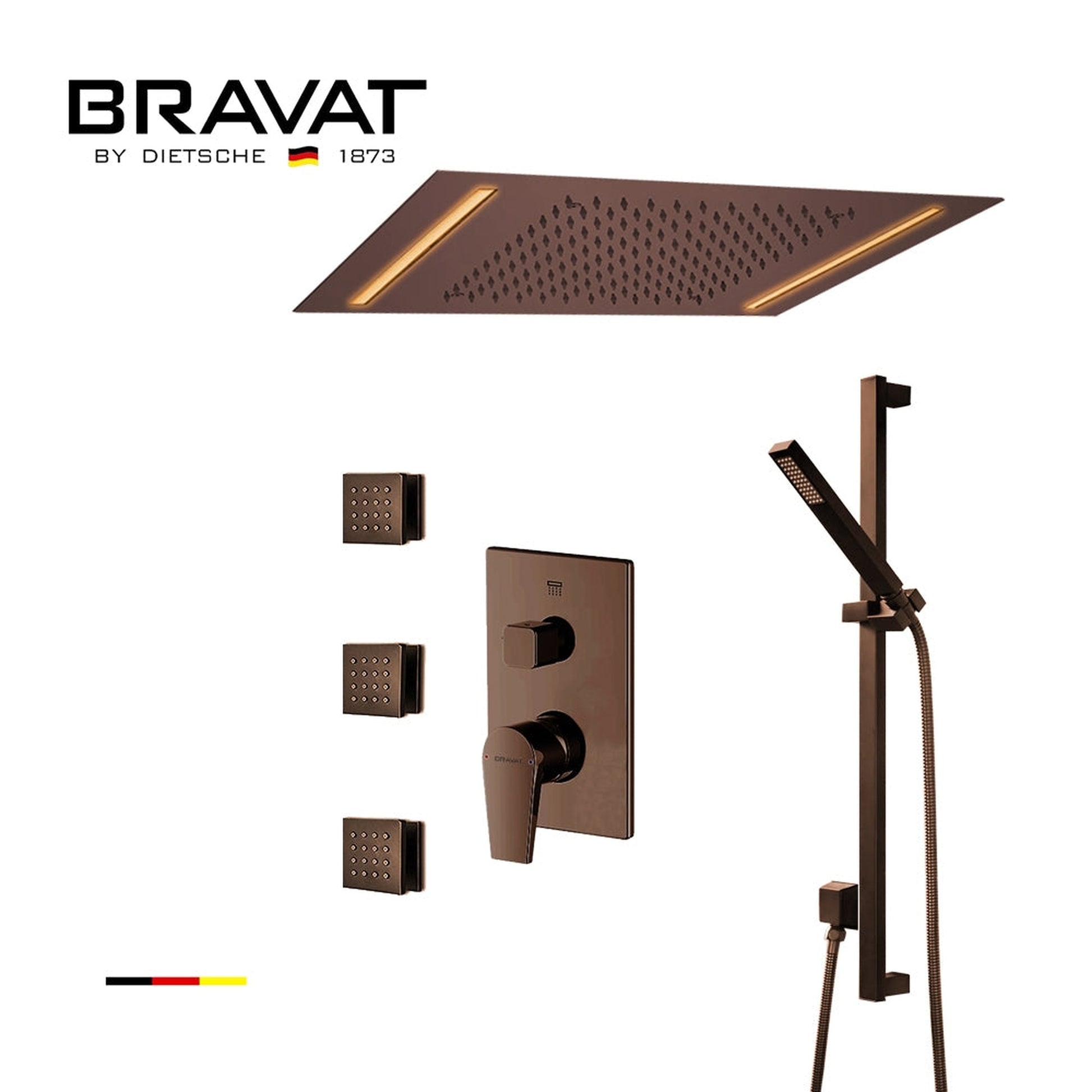 Fontana Bravat Light Oil Rubbed Bronze Ceiling Mounted Remote Controlled LED Rainfall Shower System With Hand Shower and 3-Jet Body Sprays