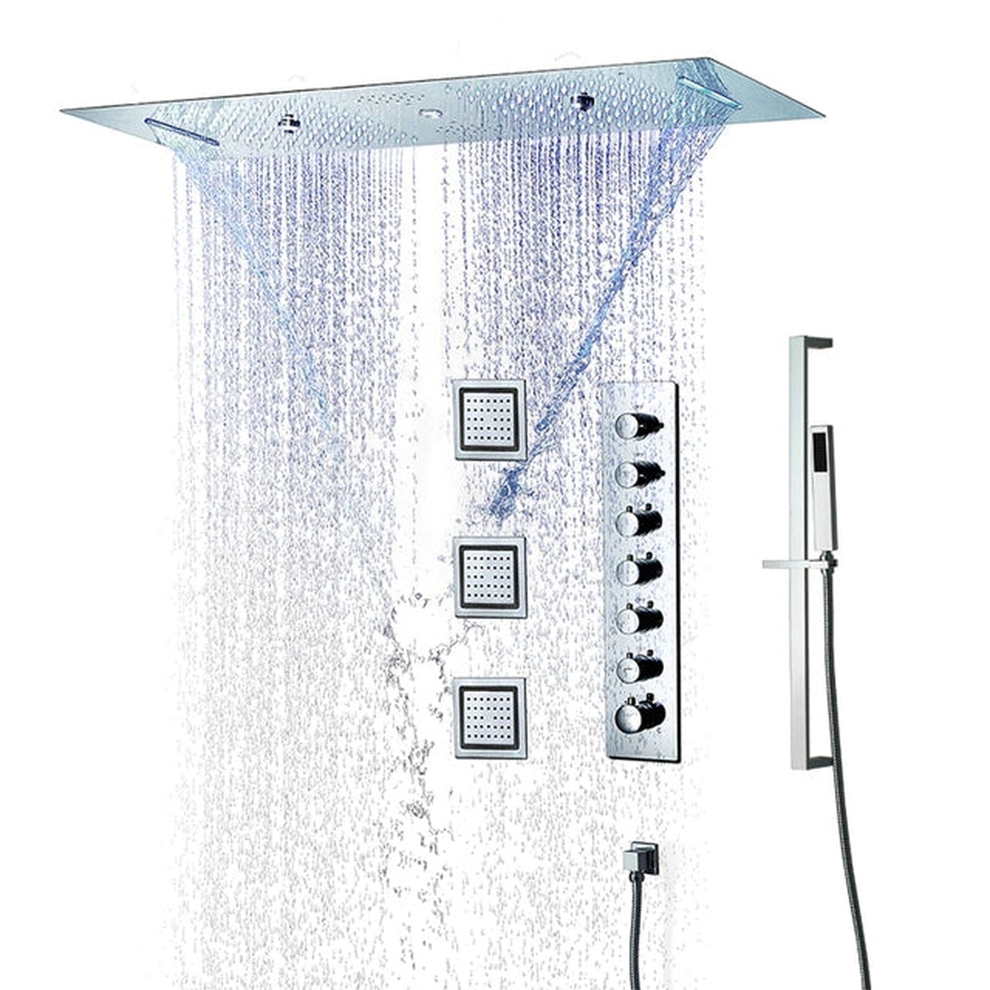 Fontana Brescia Chrome Recessed Ceiling Mounted Musical Phone Controlled Thermostatic Luxurious LED Waterfall Rainfall Shower System With 3-Jet Body Sprays and Hand Shower