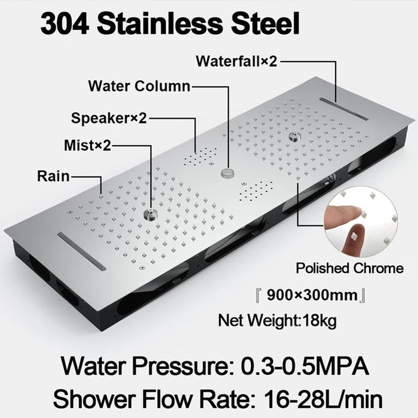 Fontana Brescia Chrome Recessed Ceiling Mounted Musical Phone Controlled Thermostatic Luxurious LED Waterfall Rainfall Shower System With 3-Jet Body Sprays and Hand Shower