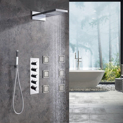 Fontana Brono Creative Luxury Chrome Wall-Mounted Shower Head Cascade & Rainfall Shower System With 6-Jet Massage Body Sprays and Hand Shower