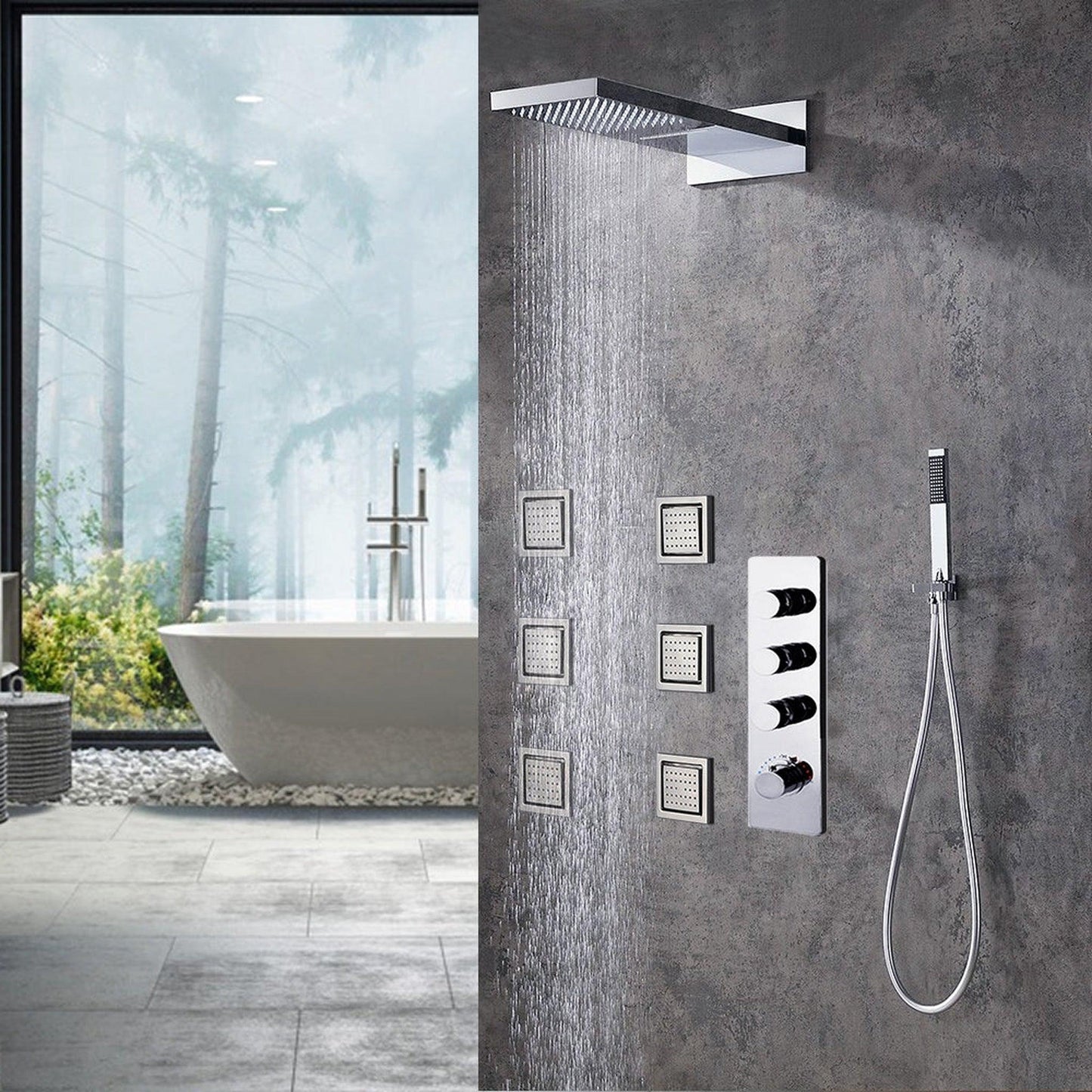 Fontana Brono Creative Luxury Chrome Wall-Mounted Shower Head Cascade & Rainfall Shower System With 6-Jet Massage Body Sprays and Hand Shower
