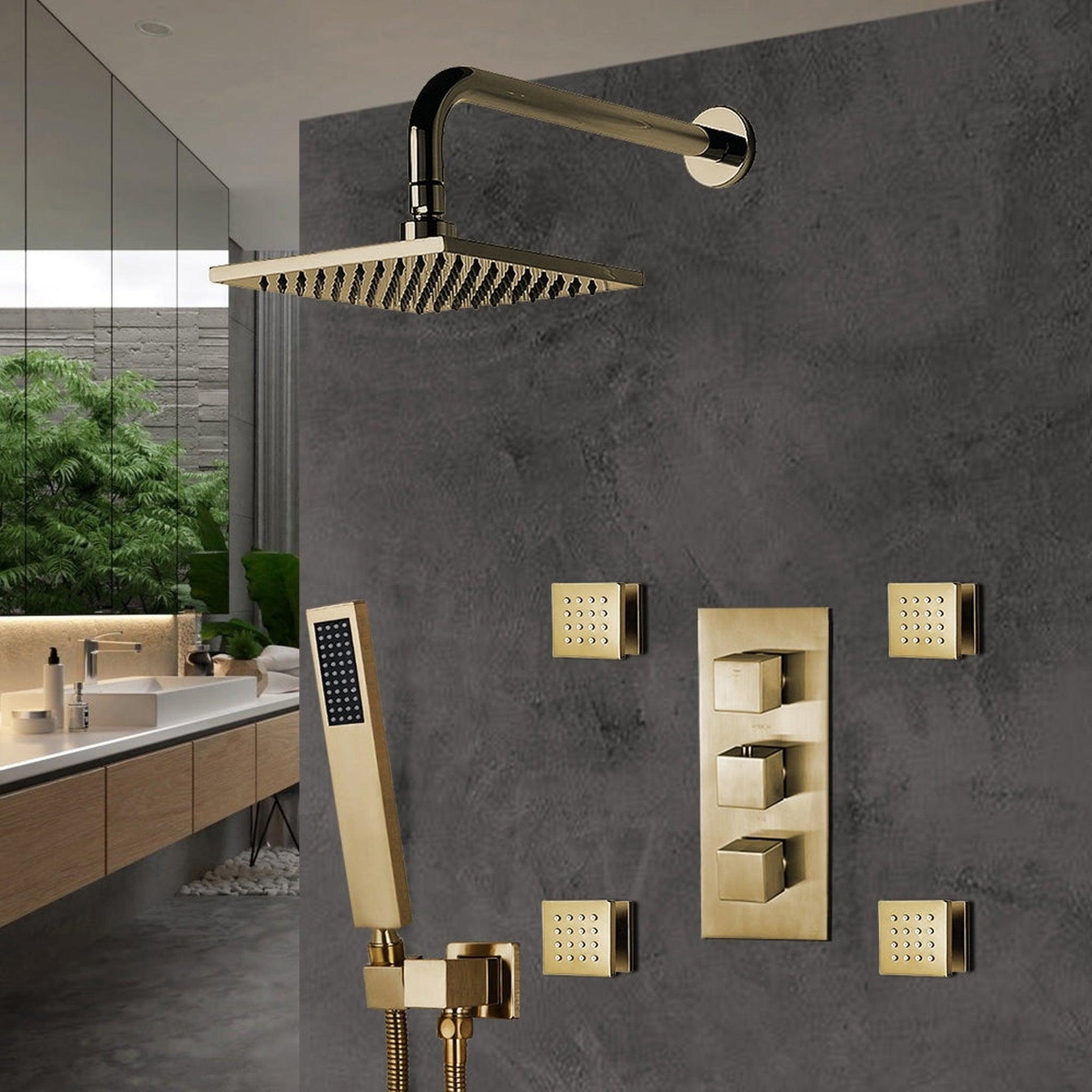 Fontana Brushed Gold Square Wall-Mounted Concealed 3-Way Valve Mixer Shower System With 4-Jet Body Sprays and Hand Shower