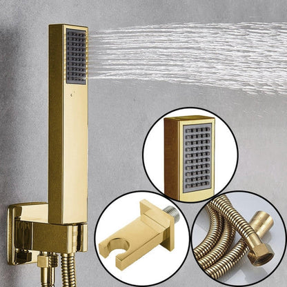 Fontana Brushed Gold Square Wall-Mounted Concealed 3-Way Valve Mixer Shower System With 4-Jet Body Sprays and Hand Shower