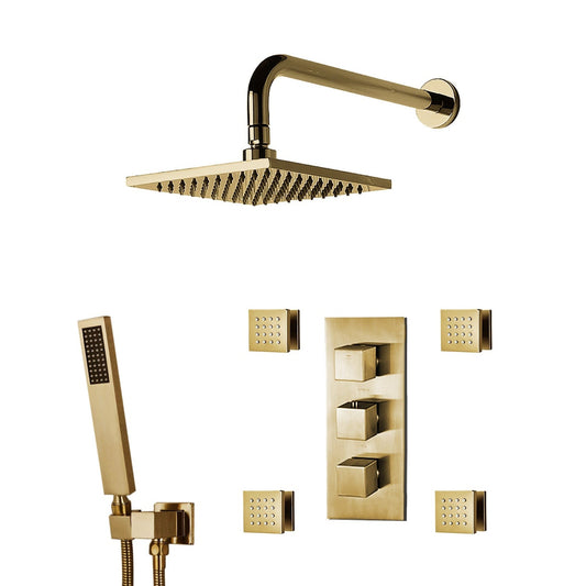 Fontana Brushed Gold Square Wall-Mounted Concealed 3-Way Valve Mixer Shower System With 4-Jet Body Sprays and Hand Shower