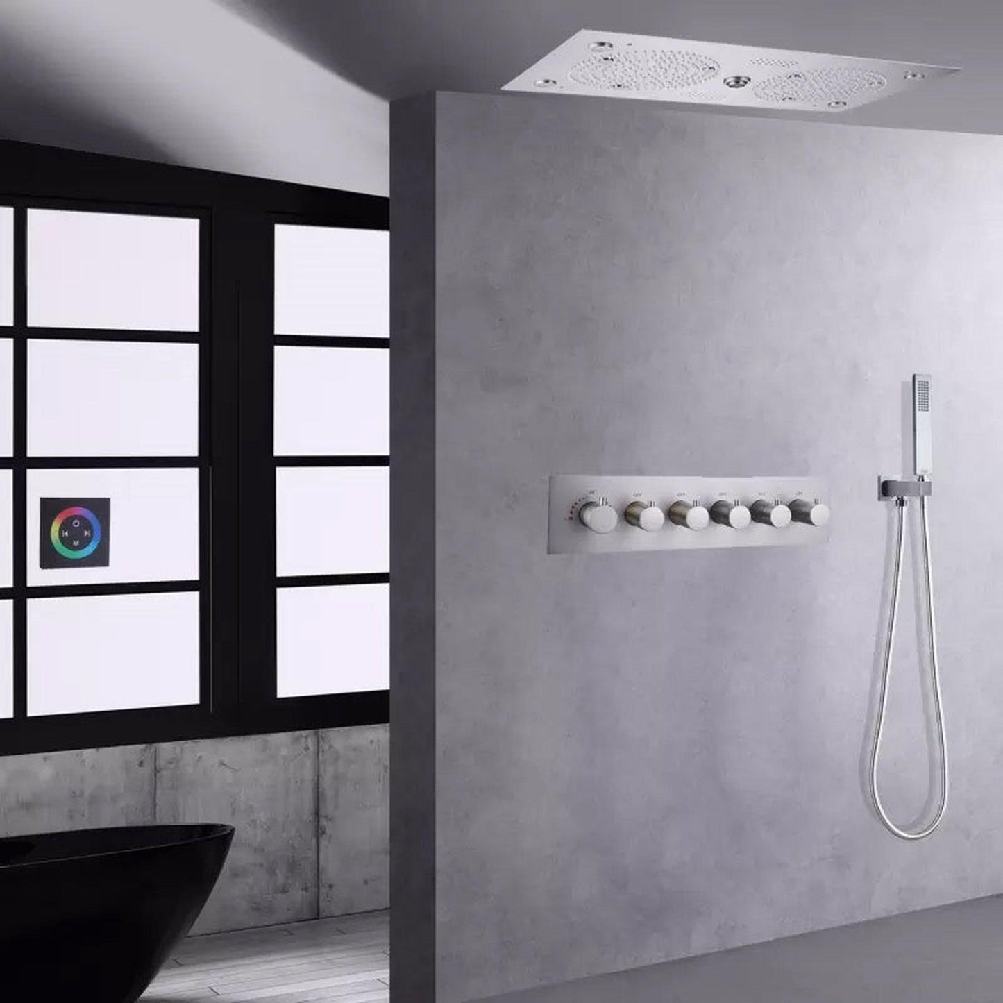 Fontana Brushed Nickel Recessed Ceiling Mounted Thermostatic Rainfall LED Shower System With Hand Shower